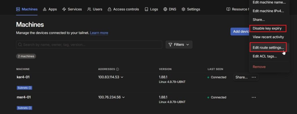 Edit route settings...からadvertiseを有効化する